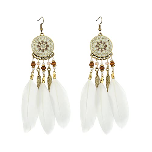 Dreuyet Boho Long Feather Drop Dangle Earrings for Women Retro Bohemian Ethnic Fringe Multicolor Tassel Feather Earring Handmade Statement Dream Catcher Earrings Jewelry - color: White Round Flower