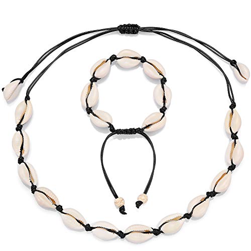 Starain 2Pcs Shell Necklace Anklet for Women Handmade Adjustable Puka Beach Shell Necklace Set - color: A-Black
