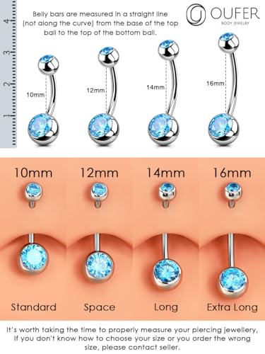 OUFER Titanium Belly Button Rings, Internally Threaded Belly Ring, Round CZ Navel Rings for Women Men - color: Blue, size: 1.6*16MM