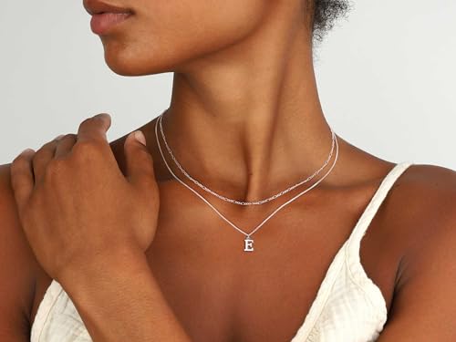 MBW Dainty Silver Layered Initial A-Z Pendant Necklaces for Women Thin | Simple Waterproof 925 Silver Plated Necklace Figaro Choker Monogram Name Jewelry Set Personalized - color: Silver InitIal NK-E