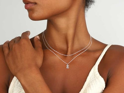 MBW Dainty Silver Layered Initial A-Z Pendant Necklaces for Women Thin | Simple Waterproof 925 Silver Plated Necklace Figaro Choker Monogram Name Jewelry Set Personalized - color: Silver InitIal NK-E