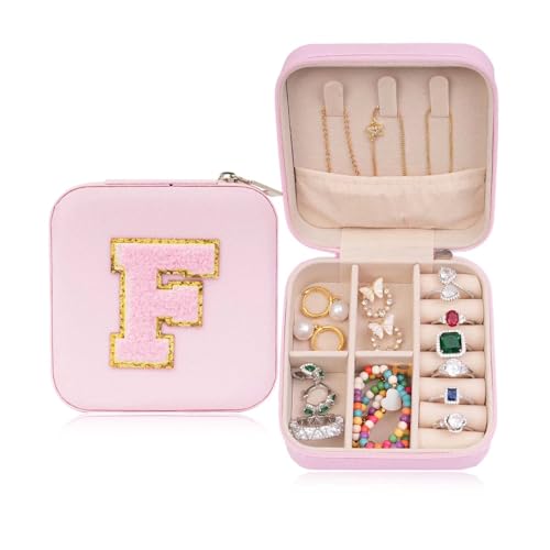 ETHOON Jewelry Travel Case Small Organizer Stocking Box Personalized Gifts Teenage Jewelry Accessories Holiday Wedding Christmas Gift for Women Pink, Letter F - color: Pink F