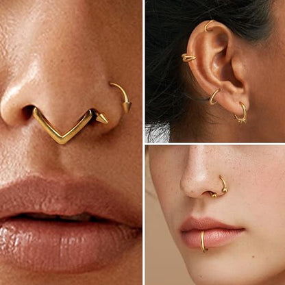 Besteel Hypoallergenic Septum Rings 16G 8mm Surgical Steel Clicker Nose Rings Hoops Set Small Lip Cartilage Helix Daith Piercing Jewelry for Women Men 16 Pcs Gold Silver Black - color: Gold