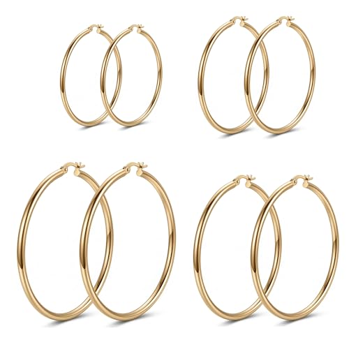 4 Pairs Silver Gold Hoop Earrings for Women,30/40/50/60 mm Stainless Steel 14K Silver Gold Plated Loop Earrings for Women Hypoallergenic Fashionable Lightweight Big Women Earrings Loop Earrings Set - color: Gold-30/40/50/60mm