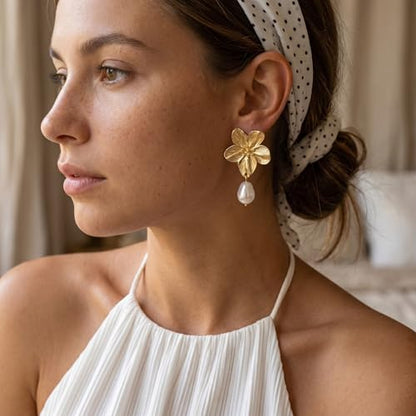 Chunky Gold Plated Flower Statement Drop Earrings for Women | Hypoallergenic 18K Gold Plated Textured Petal Wing, Large Statement Dangle Earrings for Wedding Party - color: Gold Flower Pearl-2
