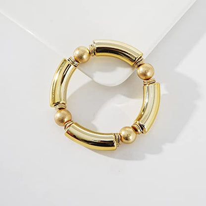 LALAPPLE Gold Plated Beaded Acrylic Bamboo Tube Bangle Bracelets for Women, Colorful Chunky Curved Tube With Gold Plated Pieces Beads Stretch Bracelet Friendship Summer Beach Jewelry - color: N-gold