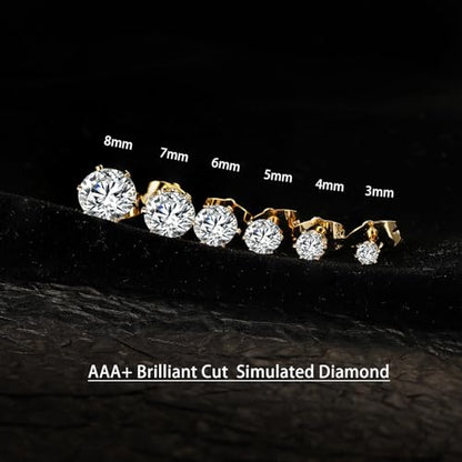 Gemsme 5 Pairs Princess Cut Cubic Zirconia Stud Earrings for Women/Men - 18K Gold Plated Hypoallergenic 3-7mm Square Clear CZ Earring Set - color: Yellow Gold-Round 6 Prong