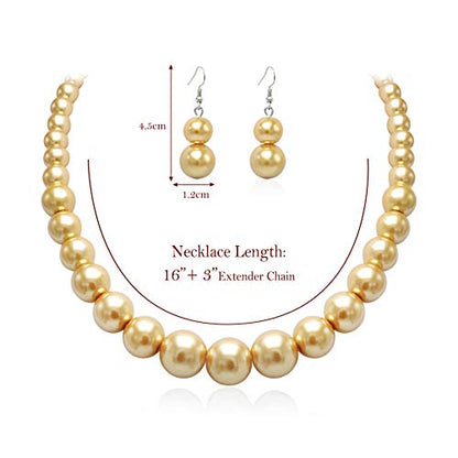 Cryshimmer Pearl Choker Necklace for Women Faux Pearl Beads Strand Necklace Earring Set Costume Jewelry,Gift for Wife Mother - color: Golden