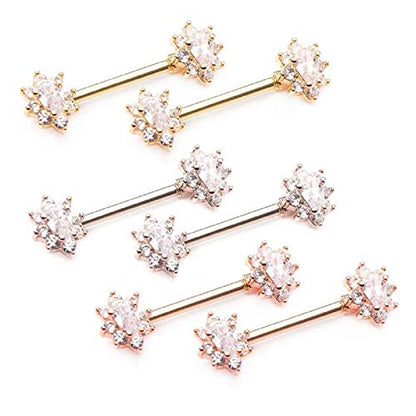 Pierced Owl - 14G Stainless Steel CZ Crystal Oval Flower Cluster Nipple Barbells, Sold as a Pair - color: Silver Tone
