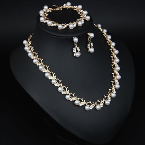 Bridal and Bridesmaid Pearl and Rhinestone Jewelry Set Crystal Necklace, Bracelet And Earrings Collection, Bohemian Adjustable Beaded Crystal for Women - style: Golden vine