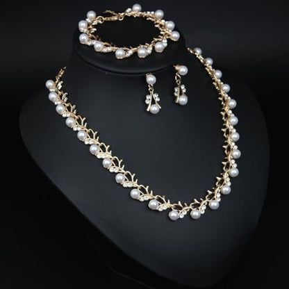 Bridal and Bridesmaid Pearl and Rhinestone Jewelry Set Crystal Necklace, Bracelet And Earrings Collection, Bohemian Adjustable Beaded Crystal for Women - style: Golden vine