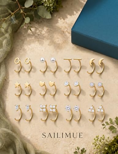 SAILIMUE 12Pair Hypoallergenic Huggie Half Hoop Earrings Backless for Women | Small Backless Earring Surgical Stainless Steel Open Arc Hoop Earrings Silver Plated with Stay Close Earrings - color: Gold:8mm