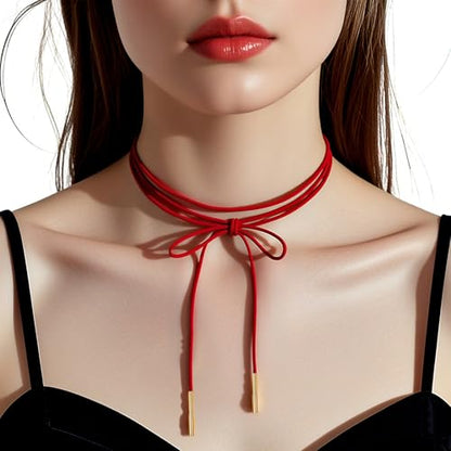 Gothic Velvet Red Choker Bow-knot Sexy Long Wrap Choker Necklace with Gold Tube Pendant for Women Party Prom Neck Accessories