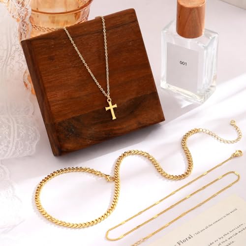 Layered Gold Necklace for Women, 14K Gold Plated Necklace Stack Set, Dainty Pendant Necklace Non Tarnish, Fashion Bow CZ Circle Star Hammered Cross Jewelry Gift for Women - color: 04-Gold