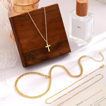 Layered Gold Necklace for Women, 14K Gold Plated Necklace Stack Set, Dainty Pendant Necklace Non Tarnish, Fashion Bow CZ Circle Star Hammered Cross Jewelry Gift for Women - color: 04-Gold