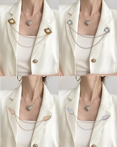 6 Pcs Antique Sweater Shawl Clip Chain Renaissance Style Rose Bowknot Brooch Flowers Wings Heart Cardigan Pin Gold sliver For Woman Men - style: C:6Pcs(Wing)