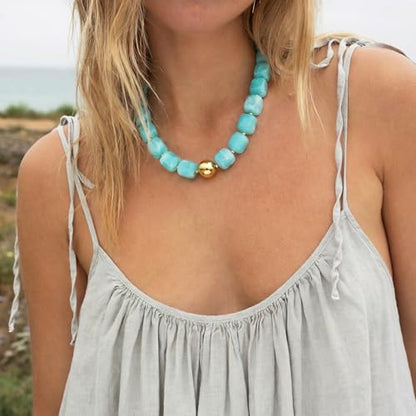 Chunky Colorful Beaded Choker Necklace for Women, Summer Beach Statement Resin Beads Necklace, Trendy Womens Summer Beach Jewelry Birthday Gifts for Vacation Holiday - color: Square Lake Blue Bead