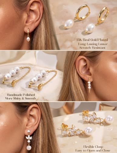 MILACOLATO 5 Pairs 925 Sterling Silver Earrings for Women Trendy Ear Stacks | 14K Gold Plated Stud Huggie Hoop Earrings Set Hypoallergenic CZ Pearl Dangle Earring Prom Bridal Bridesmaids Wedding Jewelry - color: Gold - Pearl Studs & Hoop Hoops & CZ Studs