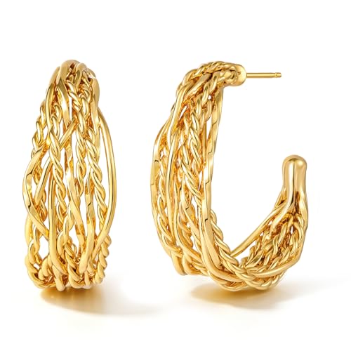 Chunky Hoop Earrings for Women 18K Gold Plated Chunky Gold Hoops Silver Plated Bold Statement Open Hoop Earrings Handmade Hypoallergenic Jewelry Gift - color: 01gold hoops