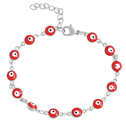 Women's Charm Enamel Evil Eye Protection Link Chain Bracelet - color: Silver,Red