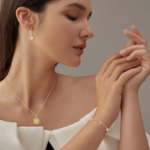 Birthstone Necklace for Women 925 Sterling Silver Princess Cut Halo Necklace Pendant Jewelry for Mom Wife - color: Yellow