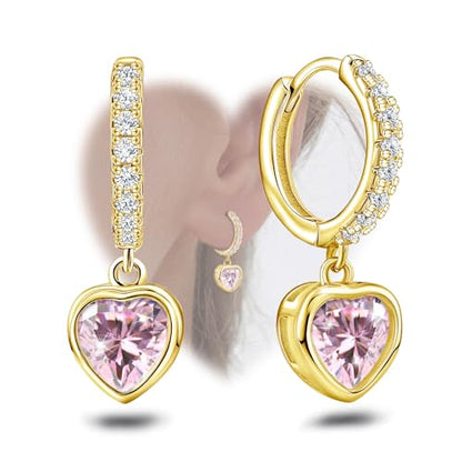 Heart Hoop Earrings with Dangle Sterling Silver Love Heart-Shaped Loop Earrings for Women Hypoallergenic Sparkle Birthstone Cubic Zirconia Hoop Earring with Dangling Charms Dainty Fashion Jewelry Gift - color: Gold-Pink