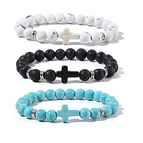 8MM Ornament Lava Volcanic Stone Beads Turquoise Cross Elastic Stretch Bracelet Religion Bangle for Women Men - color: 3pcs A