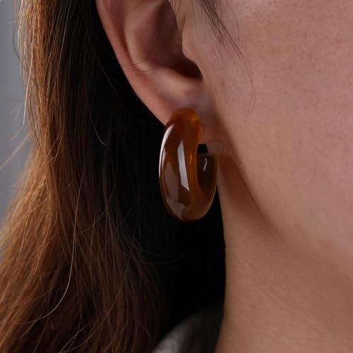 Chunky Acrylic Hoop Earrings White Resin Open Circle Hoop Earrings Round Pearl Studs Thick Acrylic C Shape Earring Pearl Front Back Earring Jewelry for Women - color: Brown
