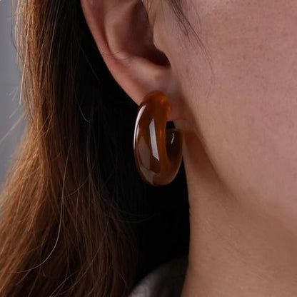 Chunky Acrylic Hoop Earrings White Resin Open Circle Hoop Earrings Round Pearl Studs Thick Acrylic C Shape Earring Pearl Front Back Earring Jewelry for Women - color: Brown