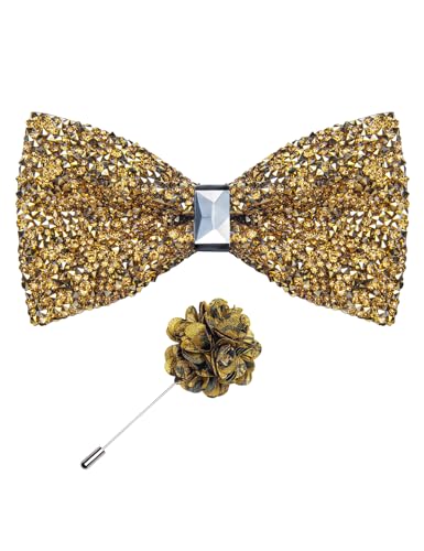 DiBanGu Mens Rhinestone Bow Tie with Ring and Lapel Pin Set | Adjustable Strap,Pre-tied Style,3PCS,Sequin Diamond Bowties，Solid/Mix Color,Shiny Accessory,for Party Prom Banquet Wedding - color: Yellow