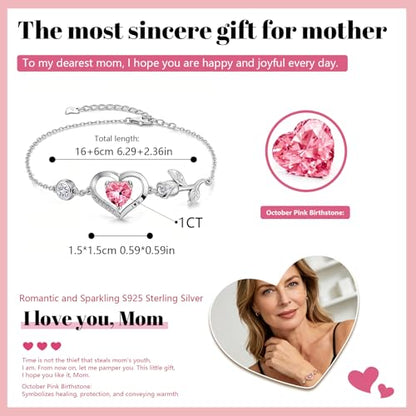 1CT Rose Heart Birthstone Bracelet for Women Love Gift - style: 10-Oct Pink Silver