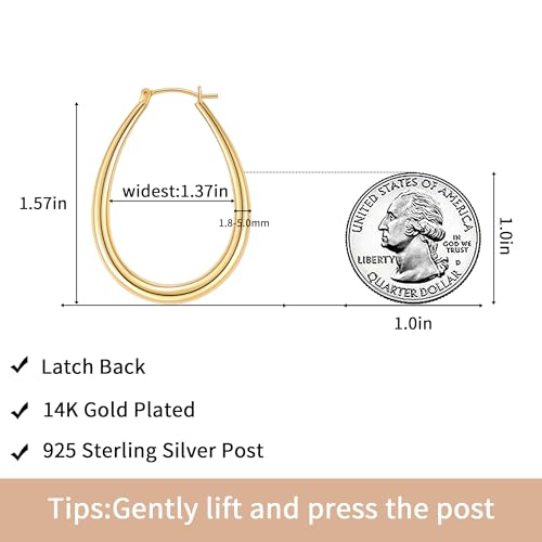 Gacimy Chunky Hoop Earrings for Women, 14K Gold Plated Oval Hoop Earrings with 925 Sterling Silver Post - color: Gold, size: 40mm