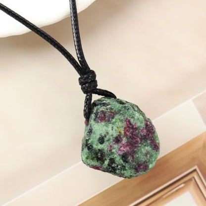 FANASY Natural Raw Crystal Necklace for Women Irregular Stone Necklaces Spiritual Gemstone Pendant with Adjustable Rope - color: Ruby Zoisite