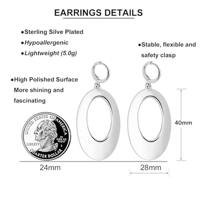 Dangle Hoop Earrings for Women,14k Gold/Silver Plated Geometric Hoops Earrings with High Polished Surface,Hypoallergenic Huggie Drop & Dangle earrings for Women - color: Oval-Silver