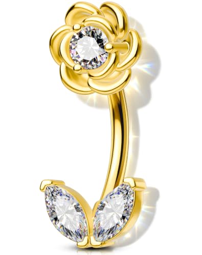 Melighting 16G Flower Rook Piercing Jewelry Marquise Stainless Steel 316L | Delicate Floral Leaf Design, 5A Grade Cubic Zircon, Dainty Eyebrow Piercing - color: Gold, size: 16g8mm