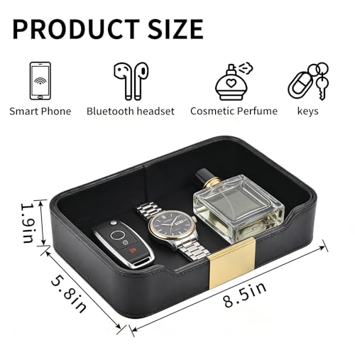 Luxury Leather Valet Tray Desktop Storage Organizer,Bedside Vanity Catchall Tray Nightstand Caddy Holder for Cosmetic,Jewelry,Watch,Keys,Phone,Wallet,Remote Controller,Pen,Black - color: Black