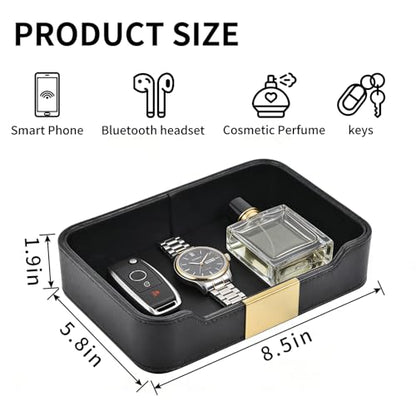 Luxury Leather Valet Tray Desktop Storage Organizer,Bedside Vanity Catchall Tray Nightstand Caddy Holder for Cosmetic,Jewelry,Watch,Keys,Phone,Wallet,Remote Controller,Pen,Black - color: Black