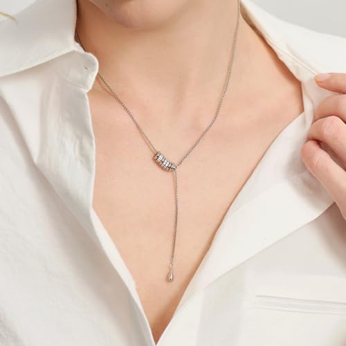 ARSIS Lariat Long Gold Necklace for Women, 18K Gold/Platinum Plated Y-Shaped Drop Dangle Pendant Necklace, Long Adjustable Pull Slider Chain Jewelry Gift for Her - color: Silver-teardrop slider
