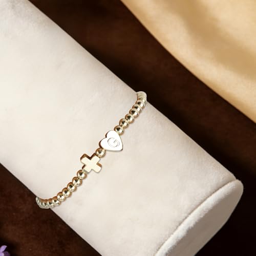 Mikovivi Women's Cross Bracelet with Initial Beads, Elastic Heart Alphabet Charm Stackable Beaded Bracelet Religious Christian Jewelry Gift - style: Letter G