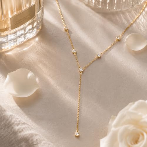 Lariat Gold Necklace for Women, 14K Gold Plated Dainty Drop Y Necklace, Waterproof Non Tarnish Long Layered Beaded Chain Lariat Necklace Prom Jewelry Summer Vacation Gift for Her - color: gold-8