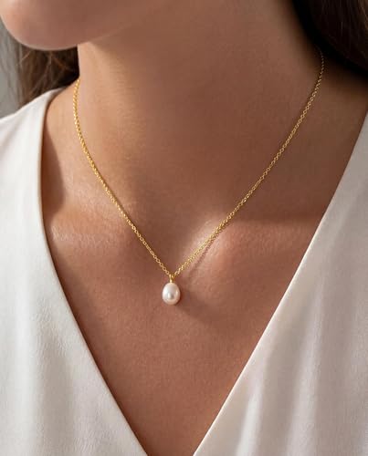 Pearl Necklace for Women, Dainty Pearls Choker Necklace for Women 14K Gold Plated Layered Pendant Necklace Handmade Gold Chain Necklace Everyday Jewelry Gift - color: Single Long Pearl