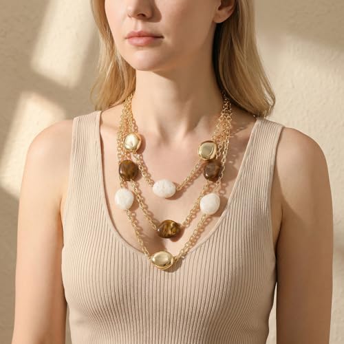 Bocar 3 Layered Statement Necklace for Women Multi Strand Necklace with Resin Beads, Chunky Layered Chain Necklace (NK-10826) - color: Coffee White