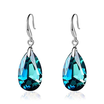 Austrian Crystal Teardrop Dangle Hook Earrings for Women 14K Gold Plated Hypoallergenic Jewelry - color: Bermuda Blue