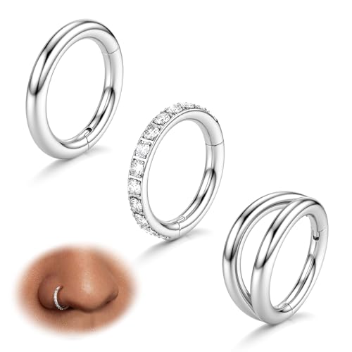 BodyBonita 3pcs Nose Rings Hoops - Double Hoop Nose Ring 14/16/18/20G Hinged CZ Piercing Jewelry Septum Clicker Rings Cartilage Earring Helix Rook Tragus Daith 7mm/8mm/9mm/10mm - color: Silver, size: 14 gauge(1.6mm)-8mm