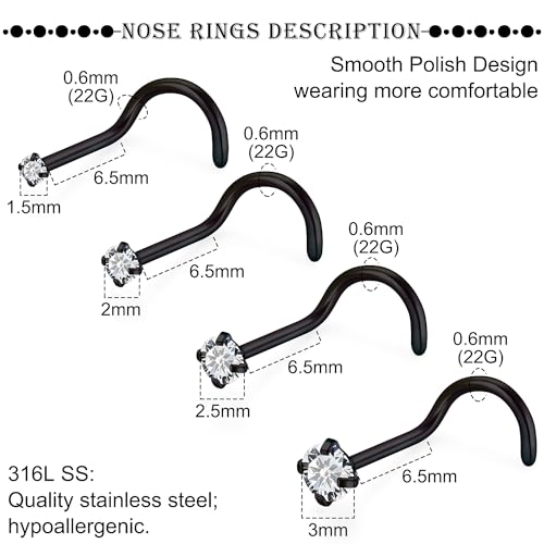 18G 20G 22G Titanium Stainless Surgical Steel Nose Rings Studs for Women L Shaped Nose Studs Screw Nose Ring Piercing Jewelry for Women Men Diamond CZ 1.5mm 2mm 2.5mm 3mm Silver Black Gold - style: 22g/Clear CZ/Screw/Black