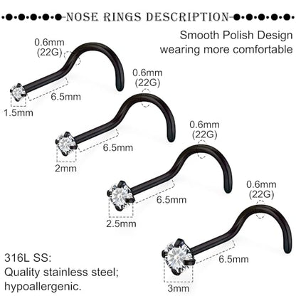 18G 20G 22G Titanium Stainless Surgical Steel Nose Rings Studs for Women L Shaped Nose Studs Screw Nose Ring Piercing Jewelry for Women Men Diamond CZ 1.5mm 2mm 2.5mm 3mm Silver Black Gold - style: 22g/Clear CZ/Screw/Black