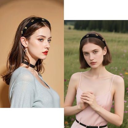 CURASA Padded Headband For Women Cute Non Slip Head Band Soft Sponge Hairband Black Trendy Satin Hairbands Fashion Gold Metal Bow Decorative Hair Hoop Comfortable Elastic Yoga Hair Accessories