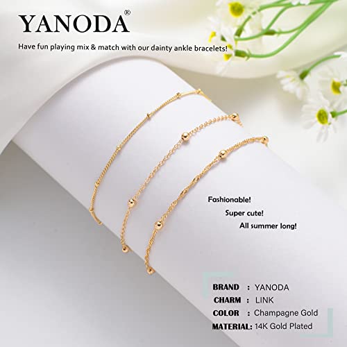 YANODA 3Pcs Gold Ankle Bracelets for Women Dainty 14k Gold Plated Layering Anklets Set Adjustable Fashion Link Chain Ankle Bracelet Adjustable Beach Foot Jewelry Gifts for Women - color: DA Bead+ Bead+Wave Bead
