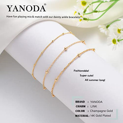 YANODA 3Pcs Gold Ankle Bracelets for Women Dainty 14k Gold Plated Layering Anklets Set Adjustable Fashion Link Chain Ankle Bracelet Adjustable Beach Foot Jewelry Gifts for Women - color: DA Bead+ Bead+Wave Bead