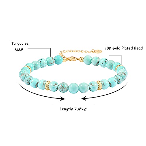 POTESSA Healing Stone Beaded Bracelets for Women Semi-Precious Gemstones Bracelets Pearl Beaded Bracelet Adjustable Strand Bracelets 6MM - color: Turquoise
